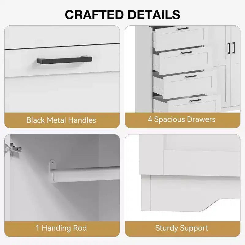 Armoire basse de 43.3 avec tringle et 4 tiroirs de rangement, meuble de rangement autoportant en bois à 2 portes pour chambre
