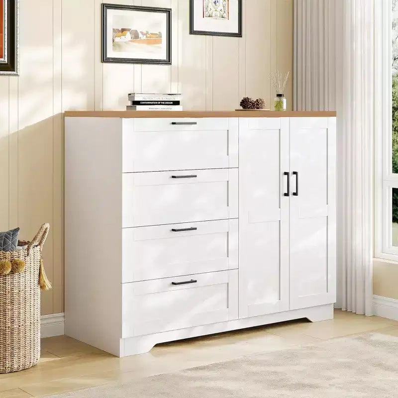 Armoire basse de 43.3 avec tringle et 4 tiroirs de rangement, meuble de rangement autoportant en bois à 2 portes pour chambre