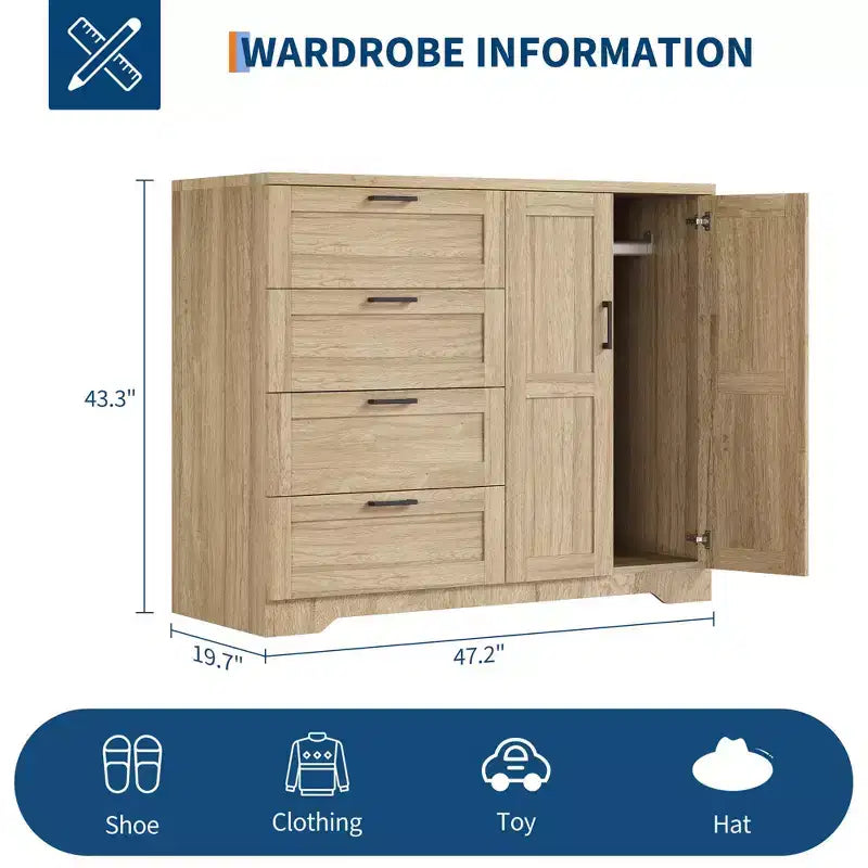 Armoire basse de 43.3 avec tringle et 4 tiroirs de rangement, meuble de rangement autoportant en bois à 2 portes pour chambre