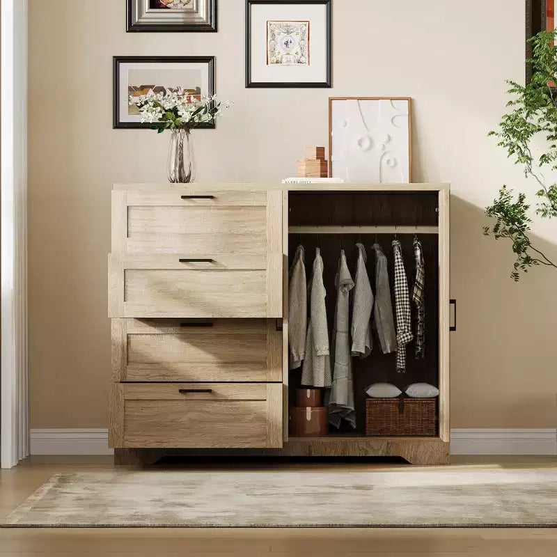 Armoire basse de 43.3 avec tringle et 4 tiroirs de rangement, meuble de rangement autoportant en bois à 2 portes pour chambre