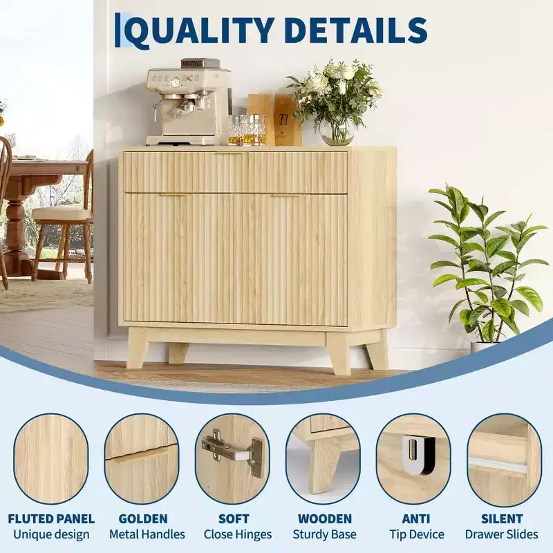 Aparador con puertas acanaladas, estante ajustable y cajón para comedor, cocina o sala de estar