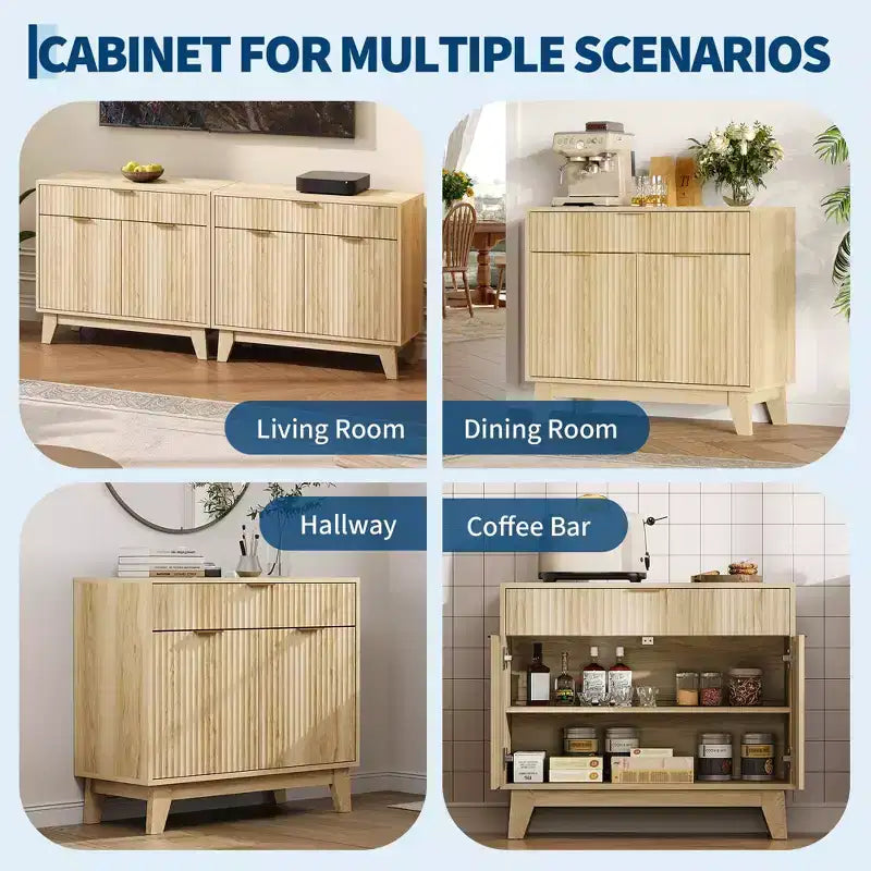 Aparador con puertas acanaladas, estante ajustable y cajón para comedor, cocina o sala de estar