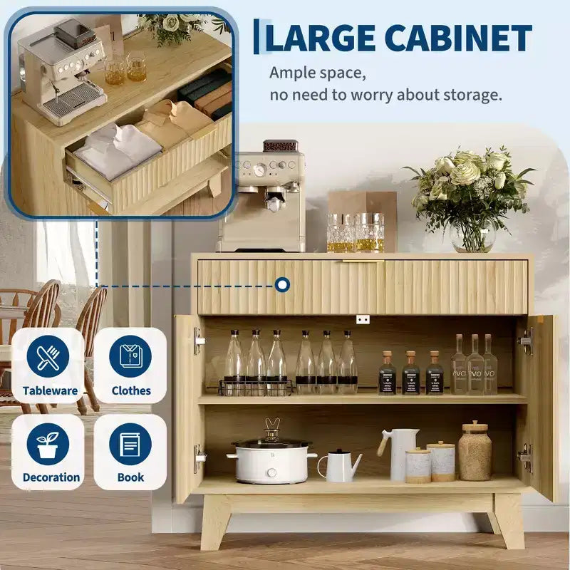Aparador con puertas acanaladas, estante ajustable y cajón para comedor, cocina o sala de estar