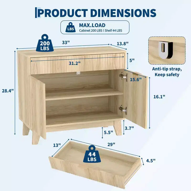 Aparador con puertas acanaladas, estante ajustable y cajón para comedor, cocina o sala de estar
