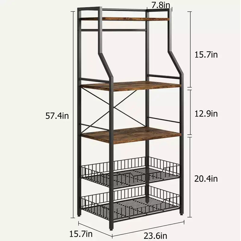 Étagère de cuisine industrielle à 5 niveaux avec 2 paniers en fil métallique et 8 crochets, support autoportant pour micro-ondes et coin café peu encombrant