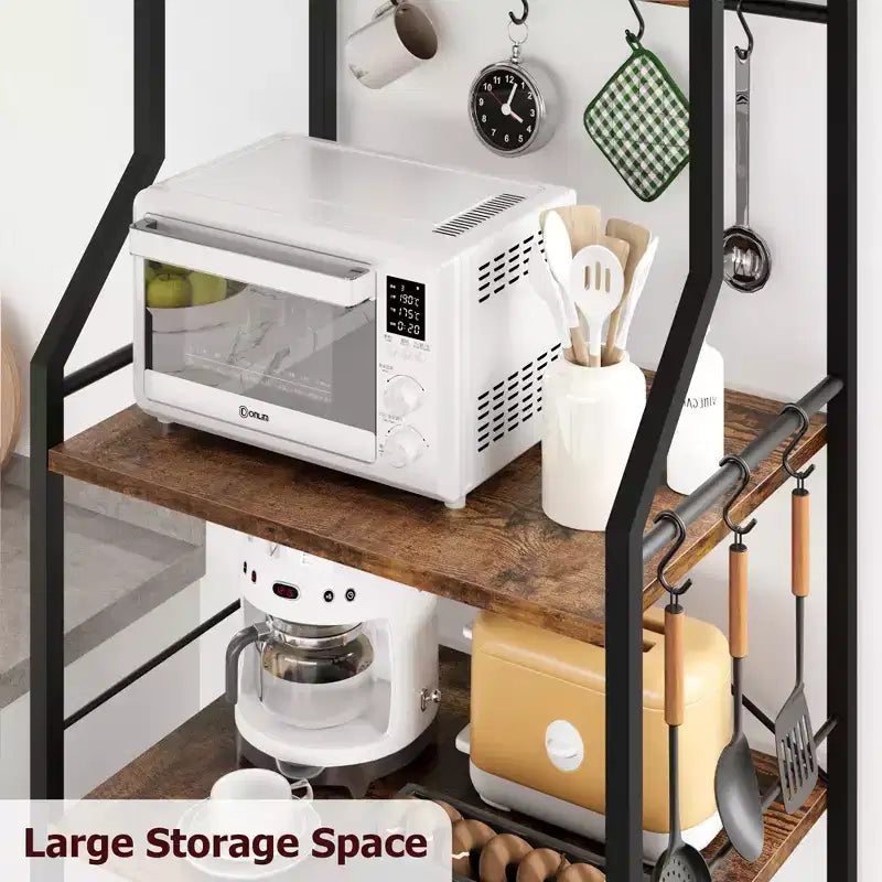 Estantería industrial de cocina de 5 niveles con 2 cestas de alambre y 8 ganchos, soporte independiente para microondas y estación de café que ahorra espacio