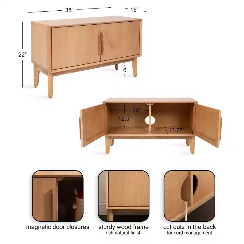 Meuble TV en bois, meuble multimédia pour le salon, grand espace de rangement et structure en bois stable