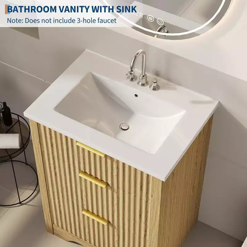 Meuble-lavabo autoportant moderne à cannelures avec vasque - meuble de rangement à 2 tiroirs avec tiroir rabattable - ensemble au fini bois contemporain