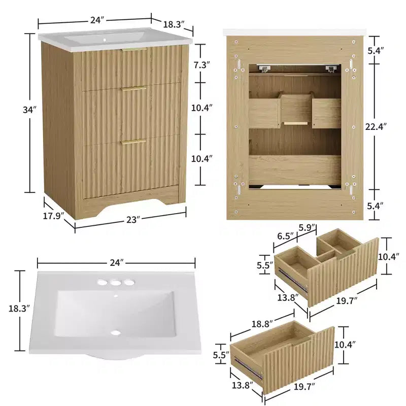 Meuble-lavabo autoportant moderne à cannelures avec vasque - meuble de rangement à 2 tiroirs avec tiroir rabattable - ensemble au fini bois contemporain