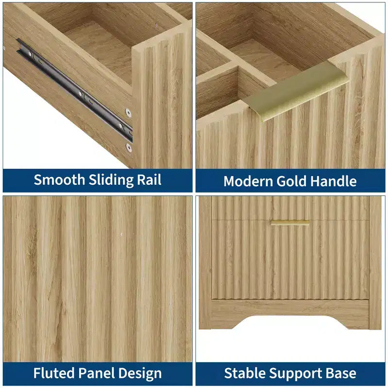 Mueble de baño independiente moderno con detalles acanalados y lavabo, gabinete de almacenamiento con 2 cajones, uno abatible, acabado contemporáneo de madera