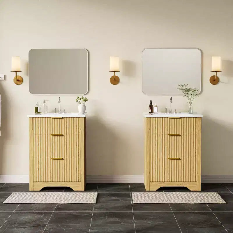 Mueble de baño independiente moderno con detalles acanalados y lavabo, gabinete de almacenamiento con 2 cajones, uno abatible, acabado contemporáneo de madera