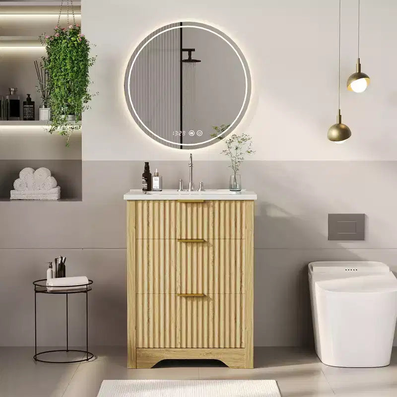 Mueble de baño independiente moderno con detalles acanalados y lavabo, gabinete de almacenamiento con 2 cajones, uno abatible, acabado contemporáneo de madera