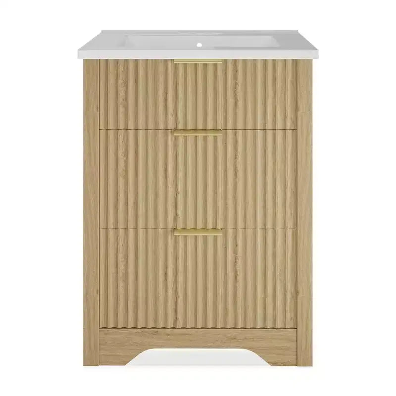 Mueble de baño independiente moderno con detalles acanalados y lavabo, gabinete de almacenamiento con 2 cajones, uno abatible, acabado contemporáneo de madera