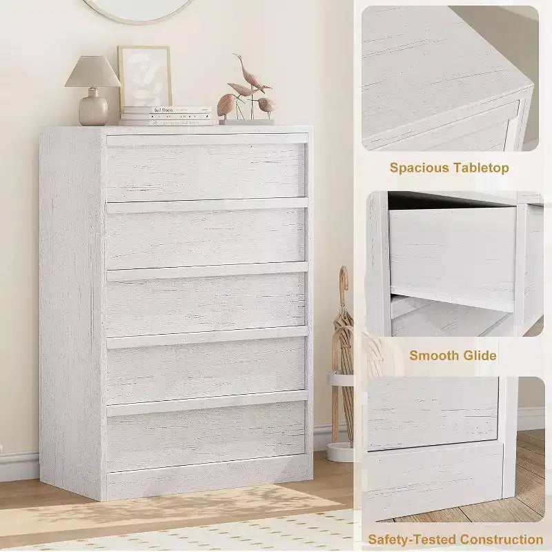 Moderne Kommode mit 5 Schubladen und viel Stauraum für Schlafzimmer, Wohnzimmer, Kinderzimmer und Eingangsbereich, weiß