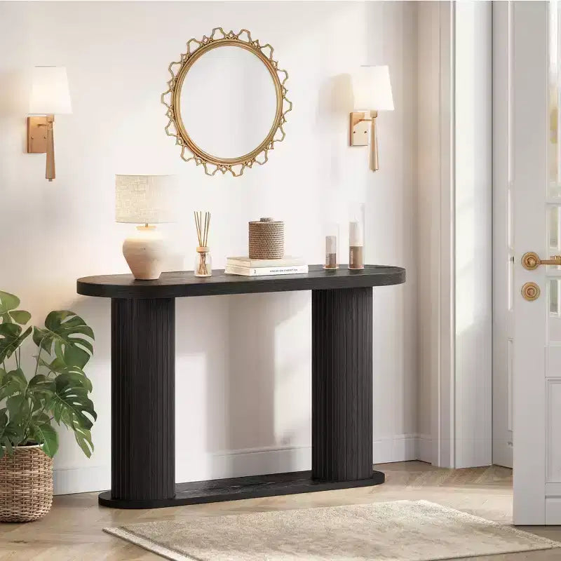Mesa de entrada ovalada moderna con detalles acanalados, de 42.5, mesa estrecha para detrás del sofá con estante de almacenamiento, para sala de estar