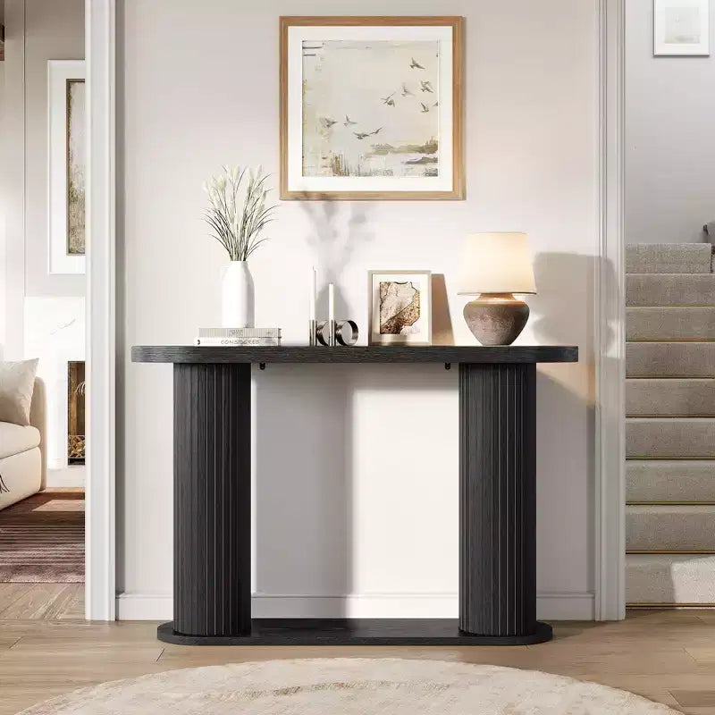 Mesa de entrada ovalada moderna con detalles acanalados, de 42.5, mesa estrecha para detrás del sofá con estante de almacenamiento, para sala de estar