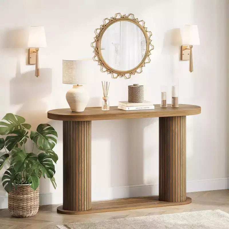 Mesa de entrada ovalada moderna con detalles acanalados, de 42.5, mesa estrecha para detrás del sofá con estante de almacenamiento, para sala de estar