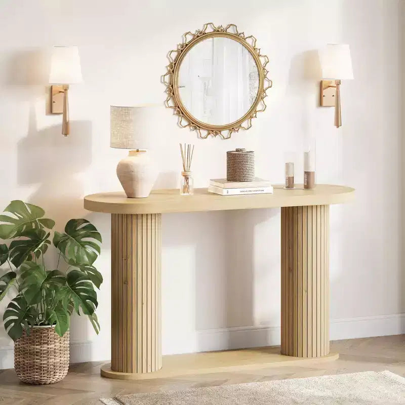 Mesa de entrada ovalada moderna con detalles acanalados, de 42.5, mesa estrecha para detrás del sofá con estante de almacenamiento, para sala de estar