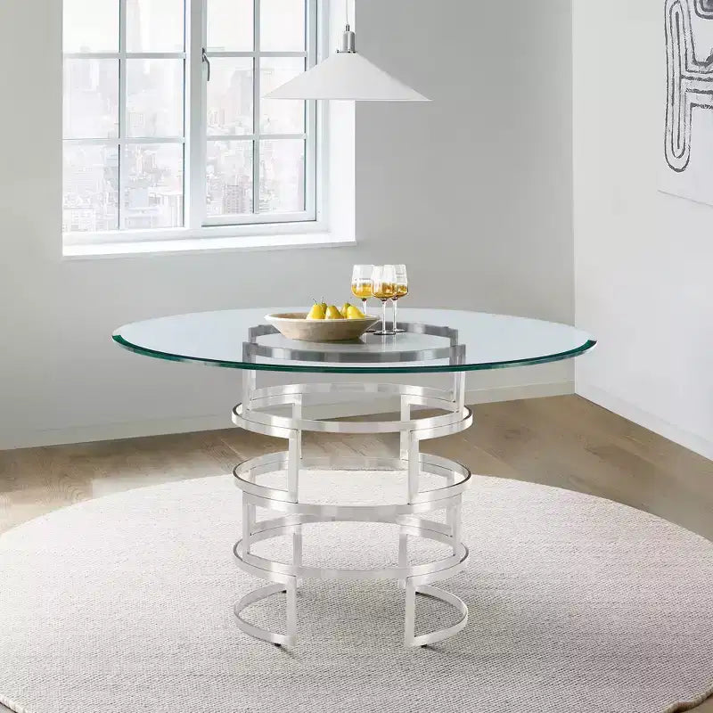 Mesa de comedor redonda de vidrio, mesa de comedor moderna para cocina, superficie de vidrio lisa y base estable
