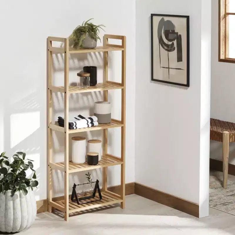 Estantería natural de 5 niveles, estantería multiusos para exhibición, fácil montaje y estilo rústico para el hogar