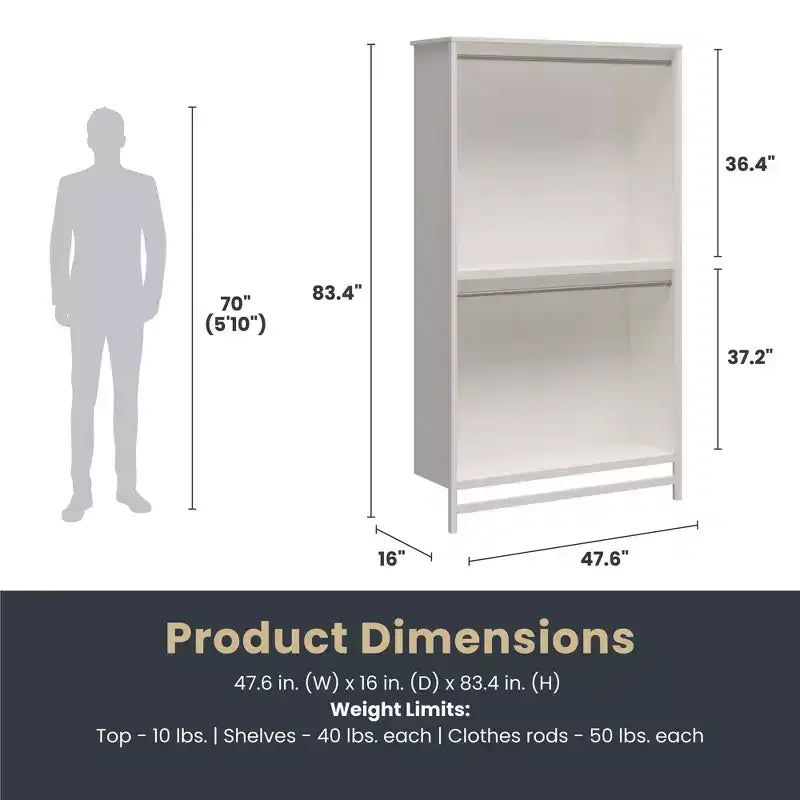 Tour de rangement extra-large à 2 étagères et double tringle à vêtements