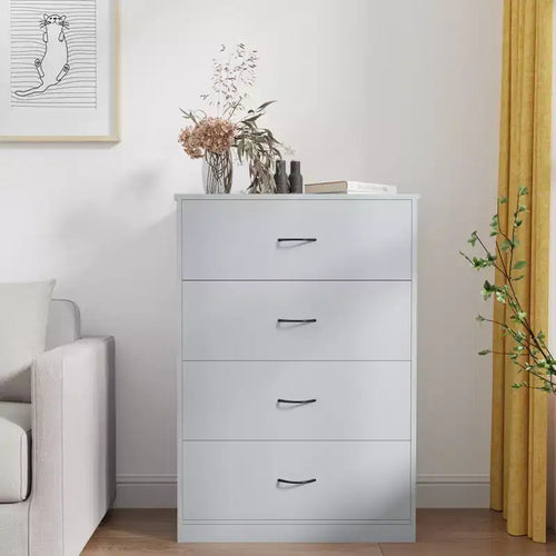 Cómoda de 4 cajones para dormitorio, cómoda moderna con estructura de acero y almacenamiento de MDF, gris