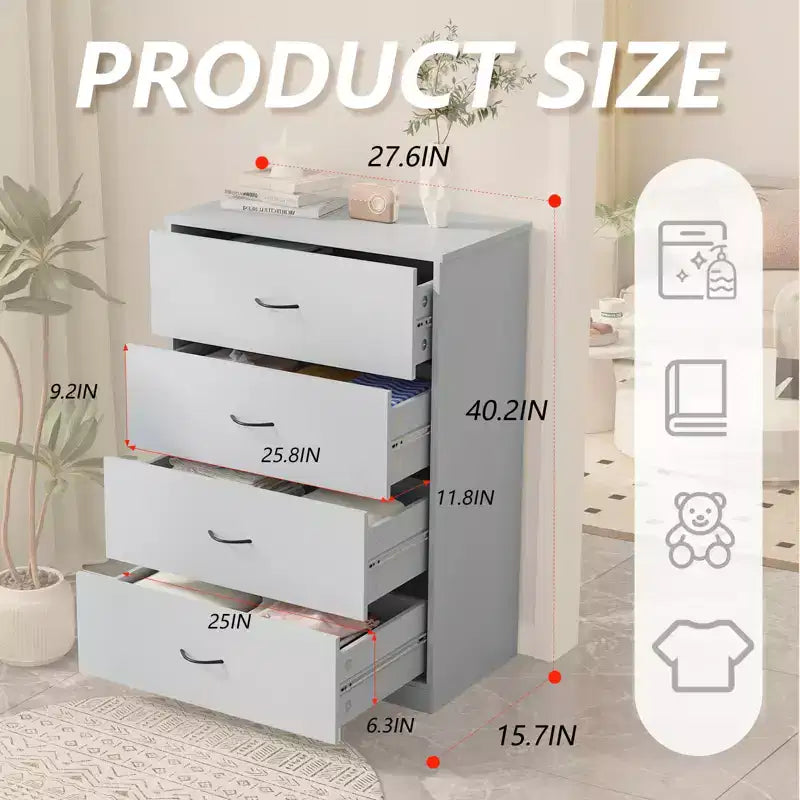 Commode à 4 tiroirs pour chambre, meuble moderne avec cadre en acier et rangement en MDF, gris