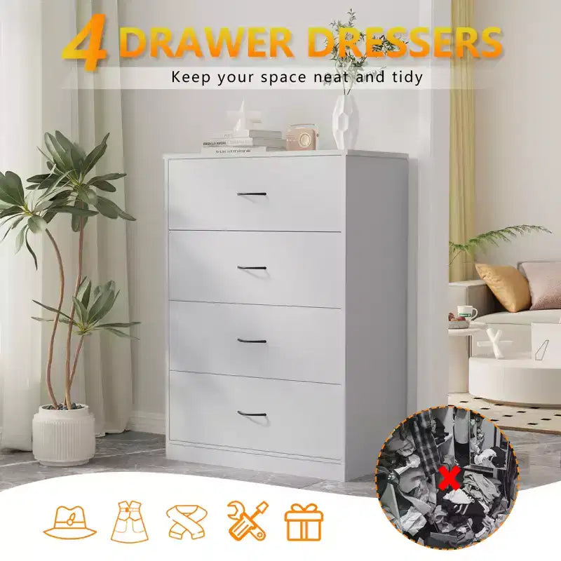 Commode à 4 tiroirs pour chambre, meuble moderne avec cadre en acier et rangement en MDF, gris