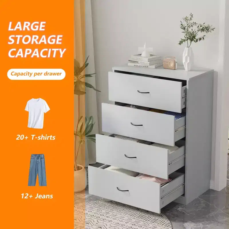 Commode à 4 tiroirs pour chambre, meuble moderne avec cadre en acier et rangement en MDF, gris