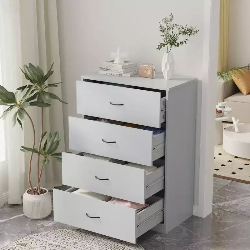 Commode à 4 tiroirs pour chambre, meuble moderne avec cadre en acier et rangement en MDF, gris