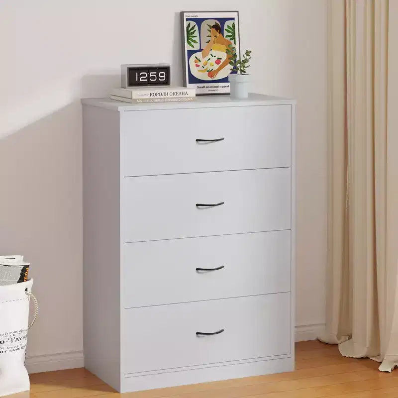 Commode à 4 tiroirs pour chambre, meuble moderne avec cadre en acier et rangement en MDF, gris