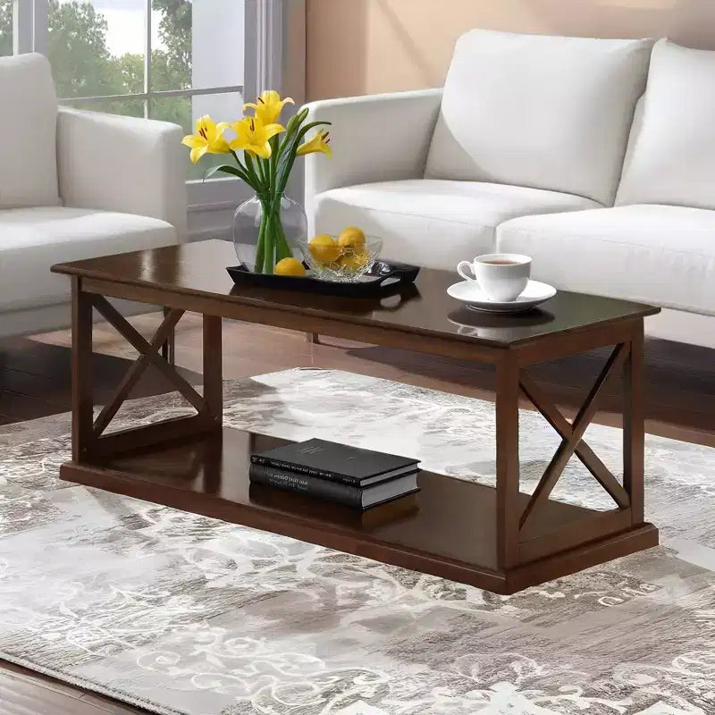 Table basse avec étagère, table d'exposition fonctionnelle, vaste plateau et espace de rangement inférieur