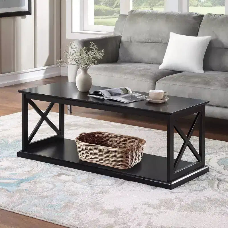 Table basse avec étagère, table d'exposition fonctionnelle, vaste plateau et espace de rangement inférieur